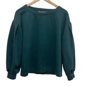 BANANA REPUBLIC Dark Forest Green Drop Shoulder Pleated Balloon Sleeve Crewneck